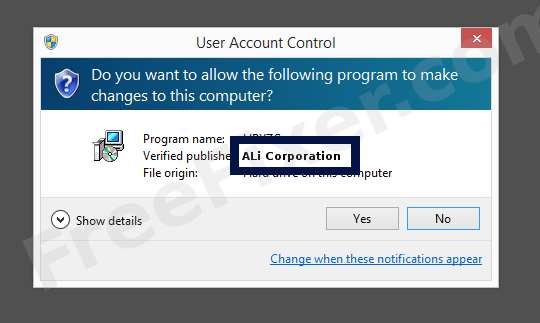 Screenshot where ALi Corporation appears as the verified publisher in the UAC dialog